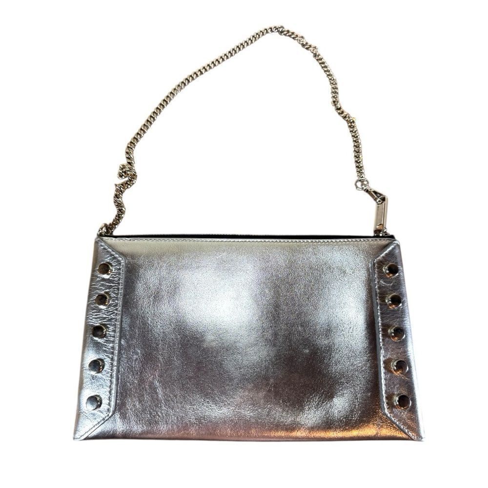 Jimmy Choo Metallic Silver Leather Mini Studded Lockett Clutch On Chain Bag Aith